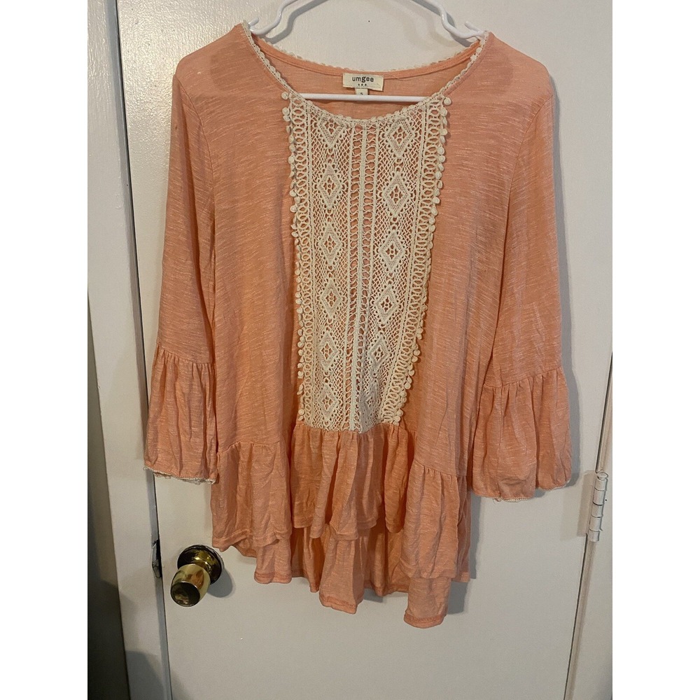 Umgee USA Peach Boho Cottagecore Lace Trim Ruffle Blouse Small